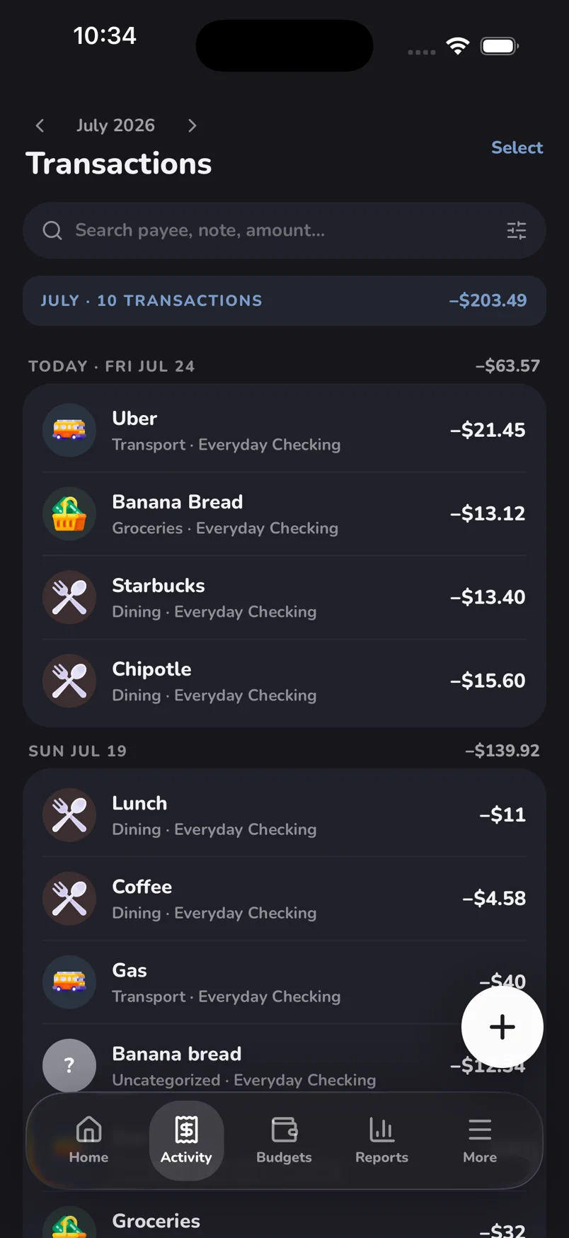 The Transactions list for July — 10 transactions totalling $203.49 — grouped by day with category, account and amount on each row.
