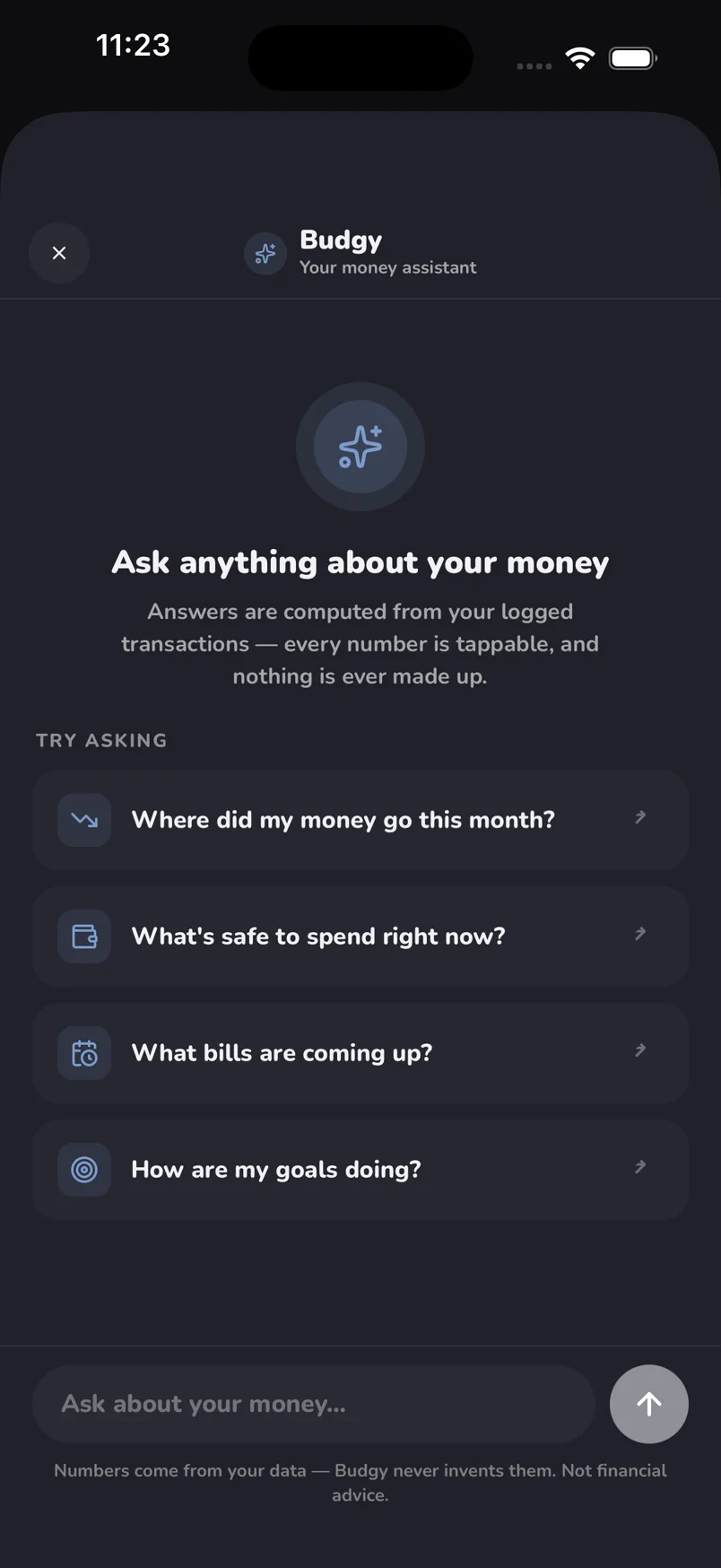 Budgy’s assistant offering questions to ask — where did my money go this month, what’s safe to spend right now, what bills are coming up, how are my goals doing.