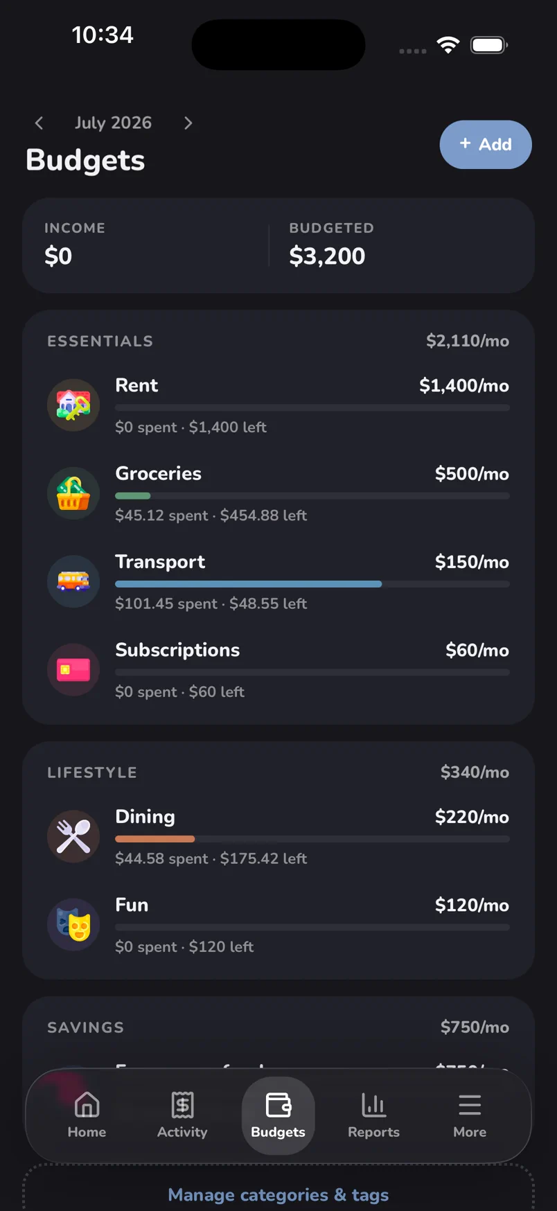 Budgets grouped into Essentials, Lifestyle and Savings, each category showing its monthly cap alongside what has been spent and what is left.
