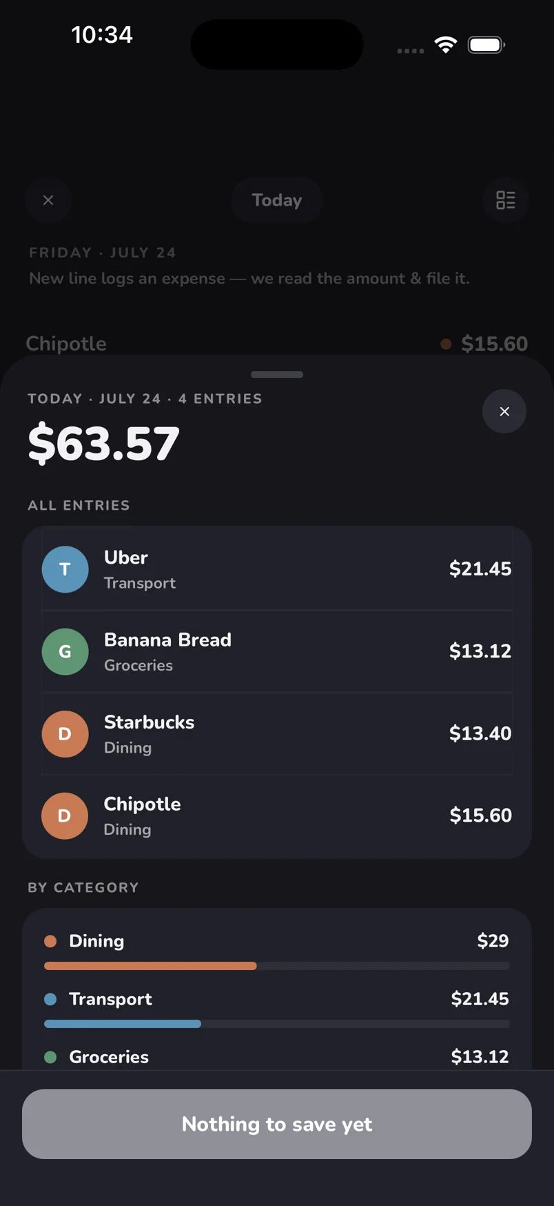 A day summary sheet: four entries totalling $63.57, listed with their categories and broken down by Dining, Transport and Groceries.