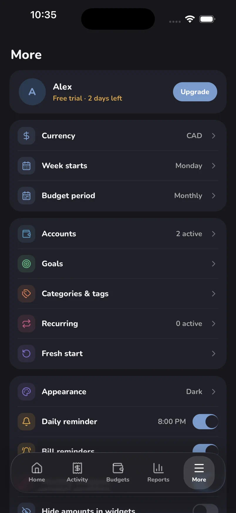 Budgy settings: currency, week start and budget period, plus accounts, goals, categories, recurring, appearance and daily reminder options.